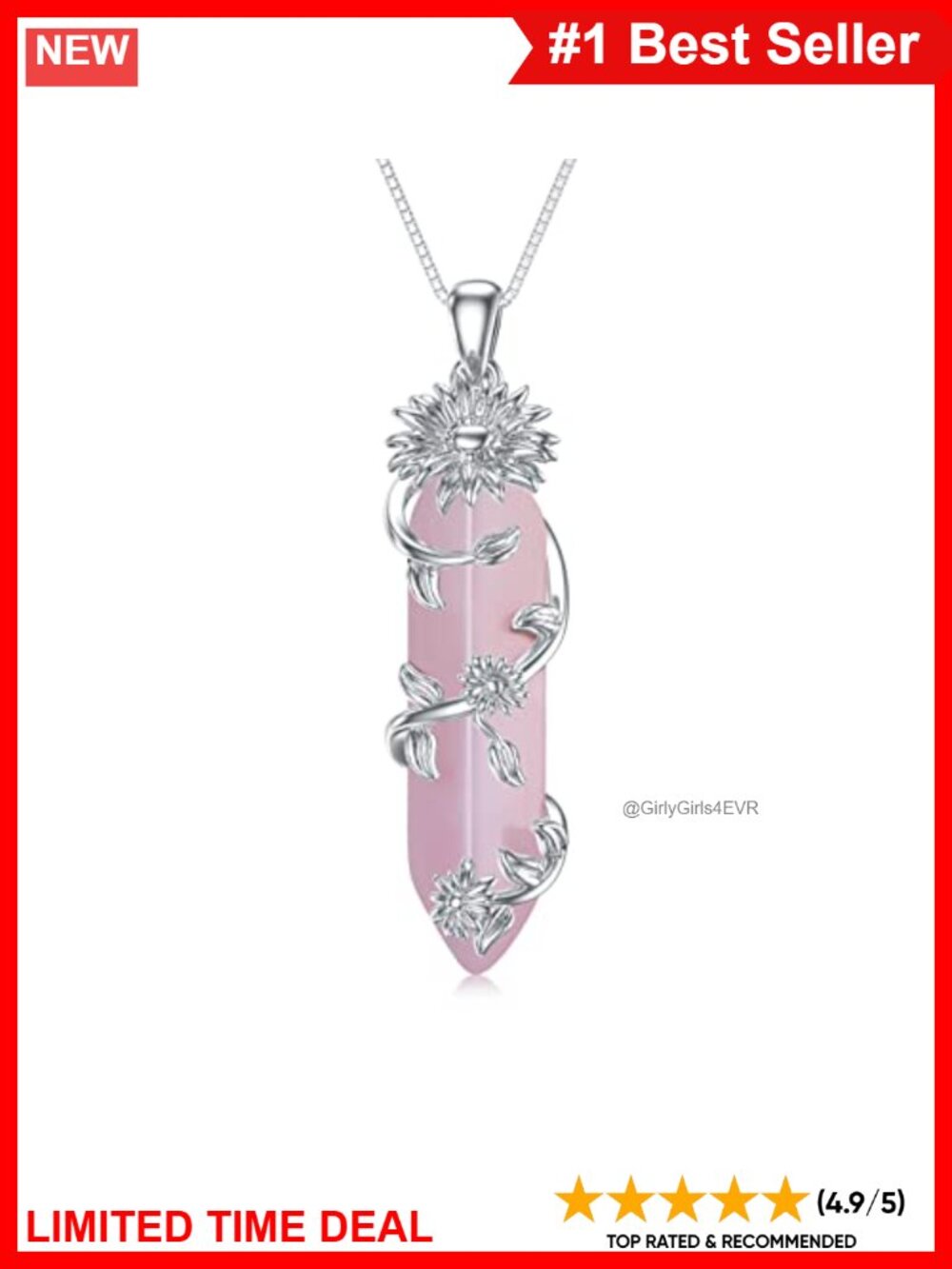 925 Sterling Silver Rose Quartz Healing Crystal Pendant Necklace Reiki Jewelry
